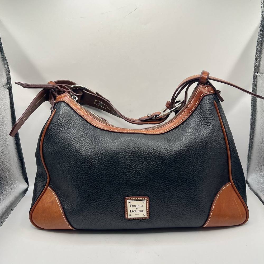 Dooney Bourke Harrison Hobo Bag Black Pebbled Leather Brown Trim Classic
